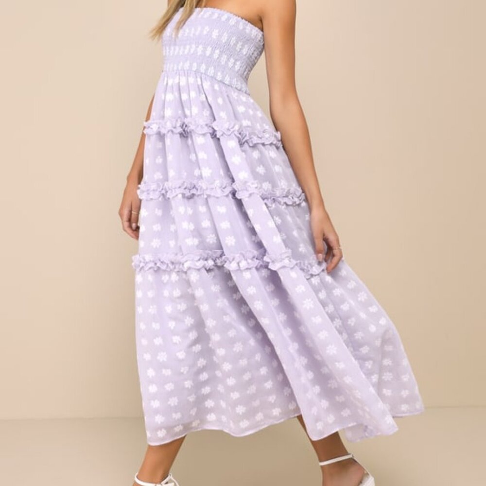 Lulus Beautiful Sentiments Lavender Floral Strapless Tiered Midi Dress Purple